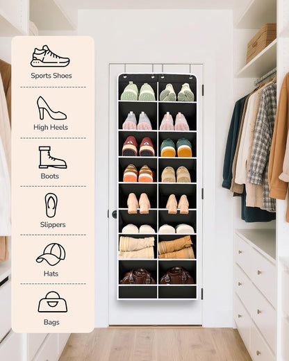 ULG Over The Door Shoe Organizer for Closet Fit 24-32 Pairs with Large Deep Pockets, Narrow Shoe Rack for Door Hanging Boots Storage, Black