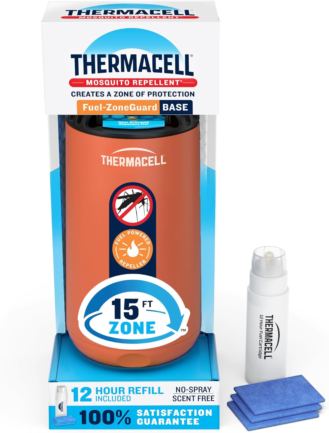 Thermacell Fuel-ZoneGuard Base Fuel Powered Mosquito Repeller; 15-Foot Zone of Scientifically Proven Outdoor Protection; Patio Shield; 12-Hr Refill; DEET-Free; Bug Spray Alternative; Glacial Blue