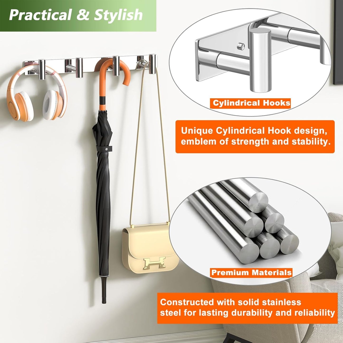 Wall Mounted Coat Rack-3 Hooks, Heavy Duty Stainless Steel Wall Hooks for Towel Coat Bag, Hat Rack Coat Hanger Coat Hooks Towel Racks for Bathroom Entryway Kitchen Office (Silver, 1 Pack)