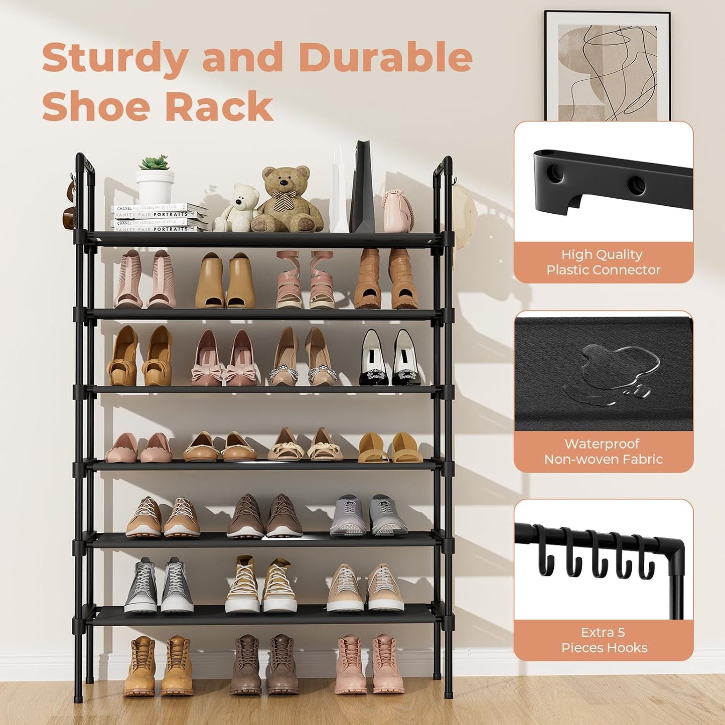 LANTEFUL 3 Tier Shoe Rack for Closet, Shoe Organizer with 5 Hooks, Long Shoe Shelf Storage for Sneaker and Boot Stackable Free Standing Shoe Rack for Entryway, Garage, Small Spaces, Dorm
