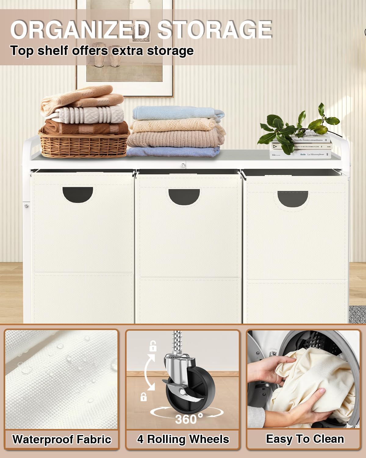 Laundry Sorter 3 Section,Laundry Basket with Wheels,3×15.8 Gal (60L) Laundry Hamper Organizer with Large Wooden Desktop Sorter,Pull-Out and Removable 900D Oxford Fabric Laundry Bags for Laundry Room