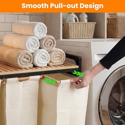 Bamboo Laundry Hamper 3 Section with Lid, 150L Laundry Sorter with Lockable Wheels, Pull-Out Removable Washable Bags, 3 × 12.5 Gal Divided Laundry Baskets for Laundry Room, Bathroom (White)