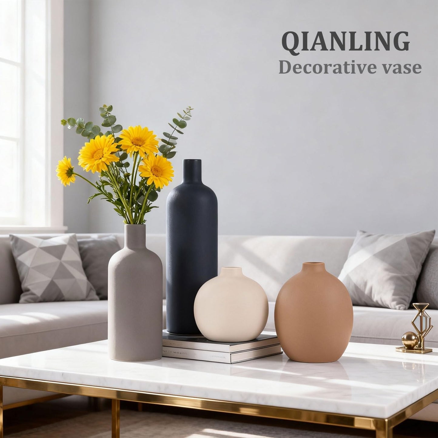 Ceramic Vase Set of 4, Modern Vases Home Decor, Neutral Decorative Vase for Bouquet Pampas Grass Dried Fresh Flowers, Small Vase for Living Room, Kitchen, Bedroom, Bathroom, Entryway Mantel, Decor