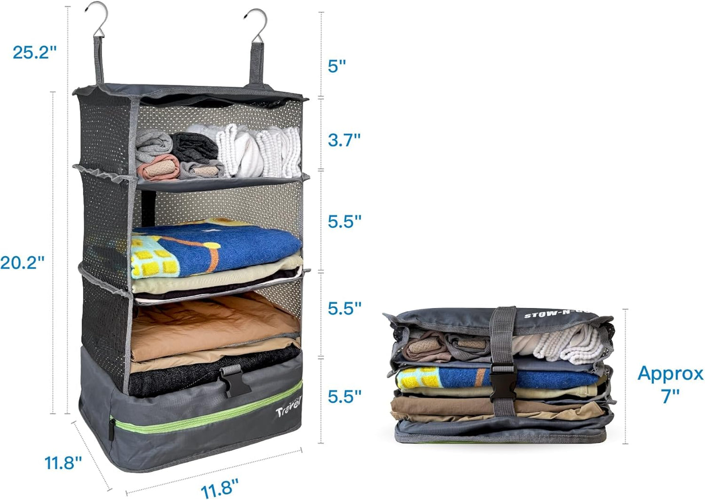 Grand Fusion Stow-N-Go Hanging Travel Shelves, Packing Organizer for Luggage. Carry on Closet for Suitcase. Expandable Packing Cube. Travel Essentials. (Black - L, L = (L) 11.8" x (W) 11.8")