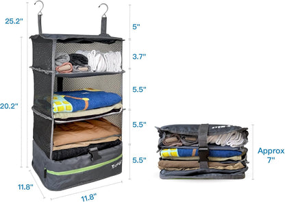 Grand Fusion Stow-N-Go Hanging Travel Shelves, Packing Organizer for Luggage. Carry on Closet for Suitcase. Expandable Packing Cube. Travel Essentials. (Black - L, L = (L) 11.8" x (W) 11.8")