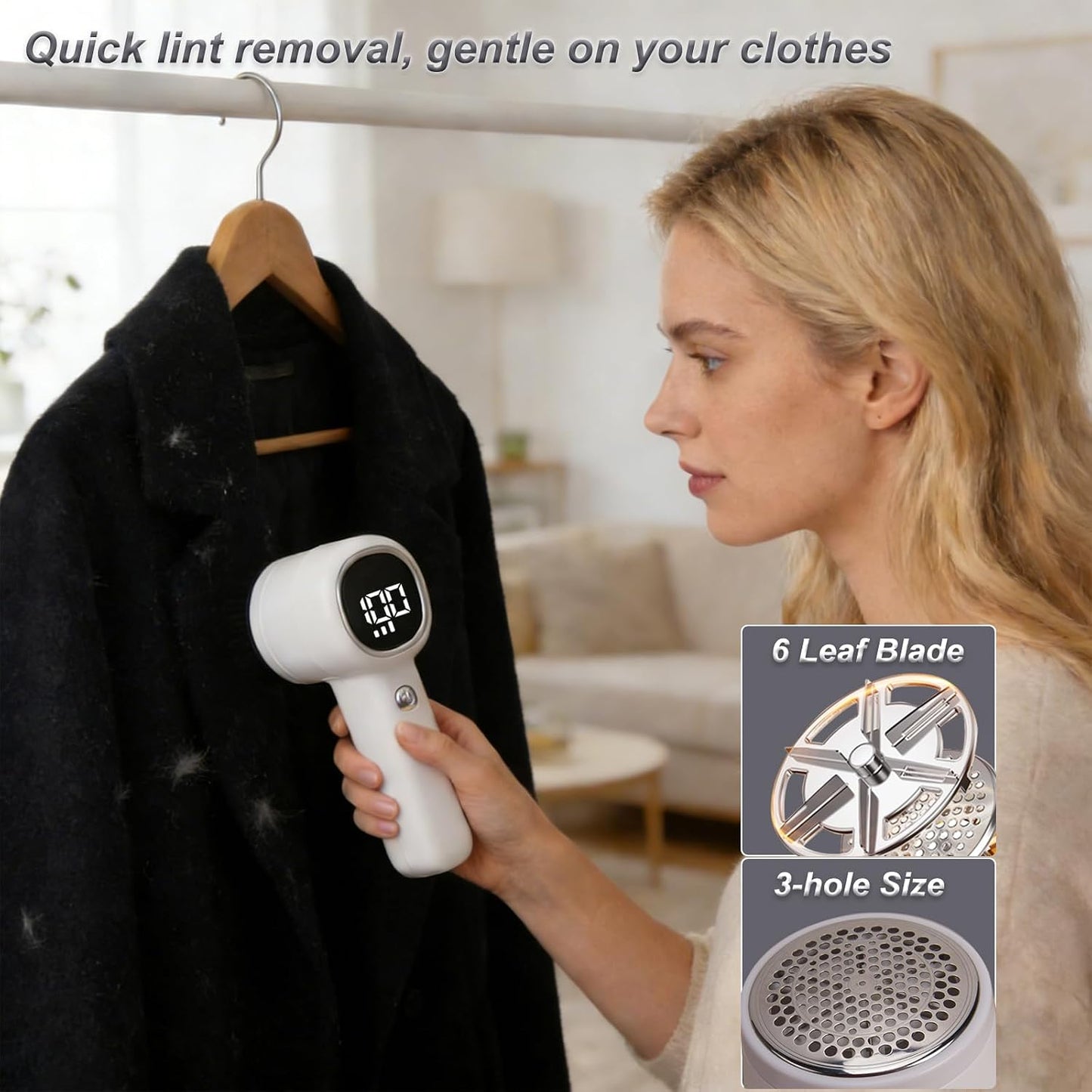 Fabric Shaver Lint Remover Rechargeable with Digital Display，3-Speeds Sweater Shaver to Remove Pilling Defuzzer Fabric Shaver for Clothes, Couch, Curtain, Blanket,Furniture, White