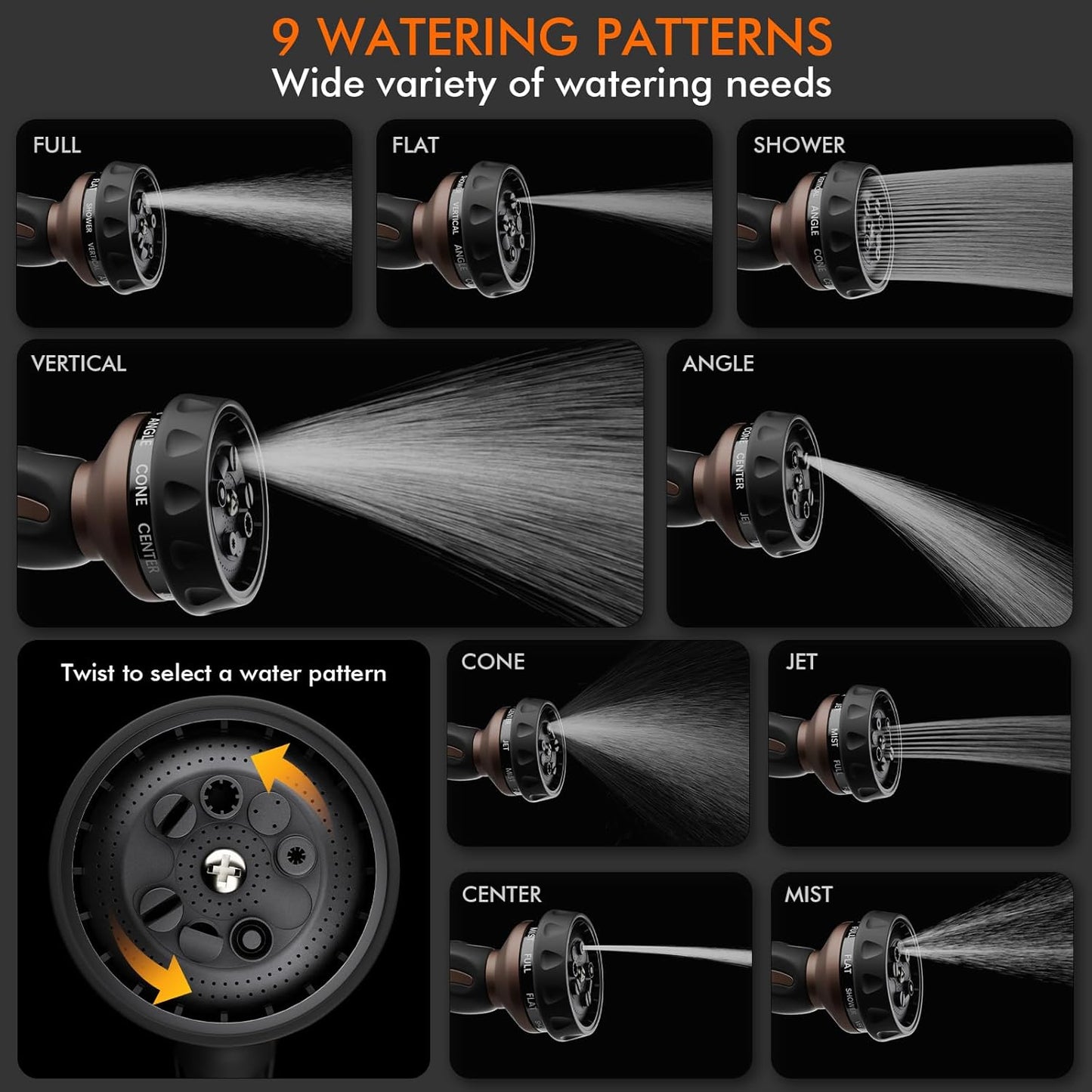 RESTMO Hose Nozzle Heavy Duty, Metal Water Hose Sprayer for Garden | 9 Spray Patterns, High Pressure, Thumb Flow Control, On/Off Valve, Ideal for Outdoor Lawn & Plant, Car & Pet, Black