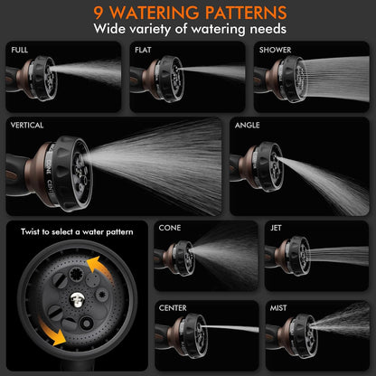 RESTMO Hose Nozzle Heavy Duty, Metal Water Hose Sprayer for Garden | 9 Spray Patterns, High Pressure, Thumb Flow Control, On/Off Valve, Ideal for Outdoor Lawn & Plant, Car & Pet, Black