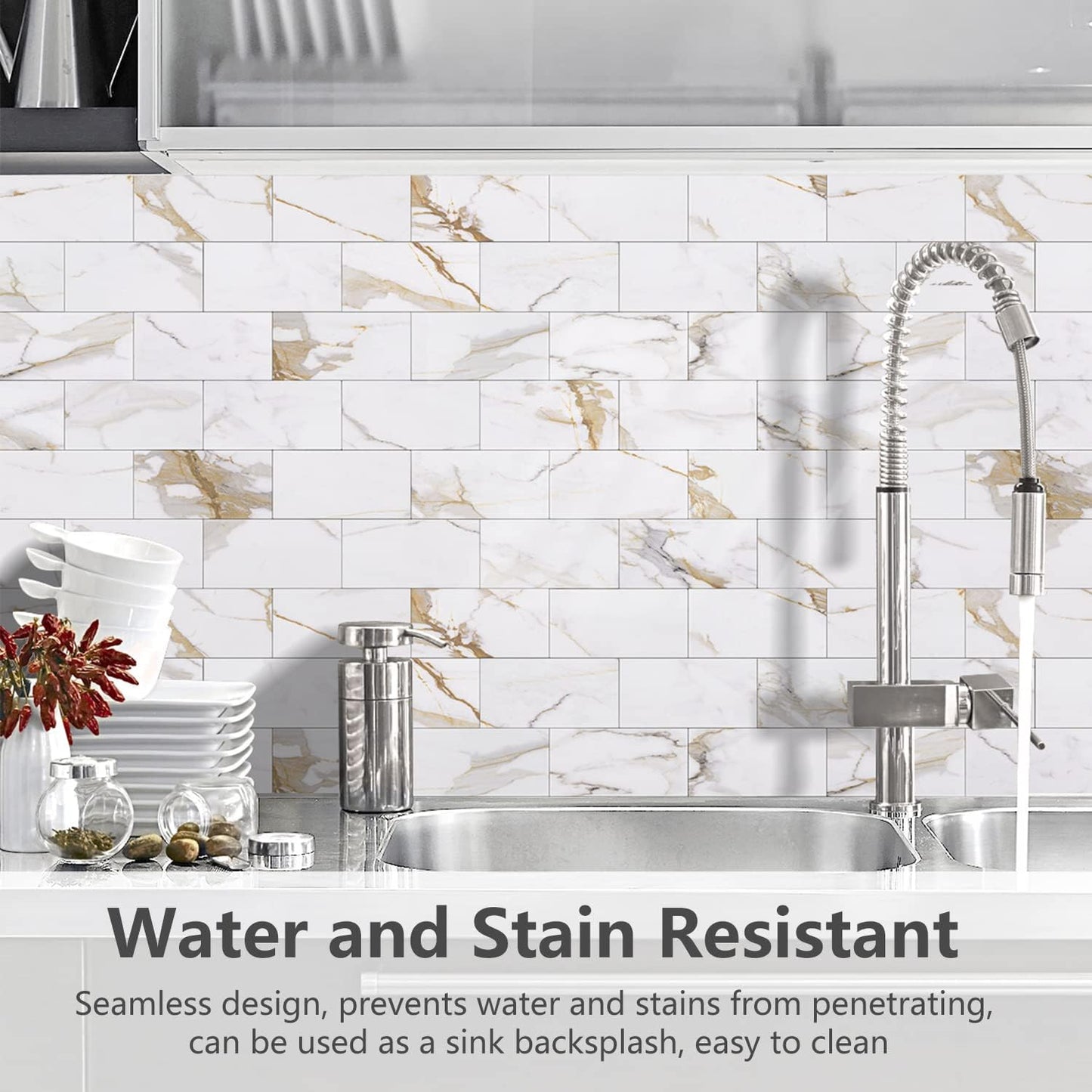 STICKGOO 100-Pieces Peel and Stick Backsplash, 3" x 6" PVC Wall Tile, Marble White Stick on Backsplash for Kitchen/Bathroom/Fireplace