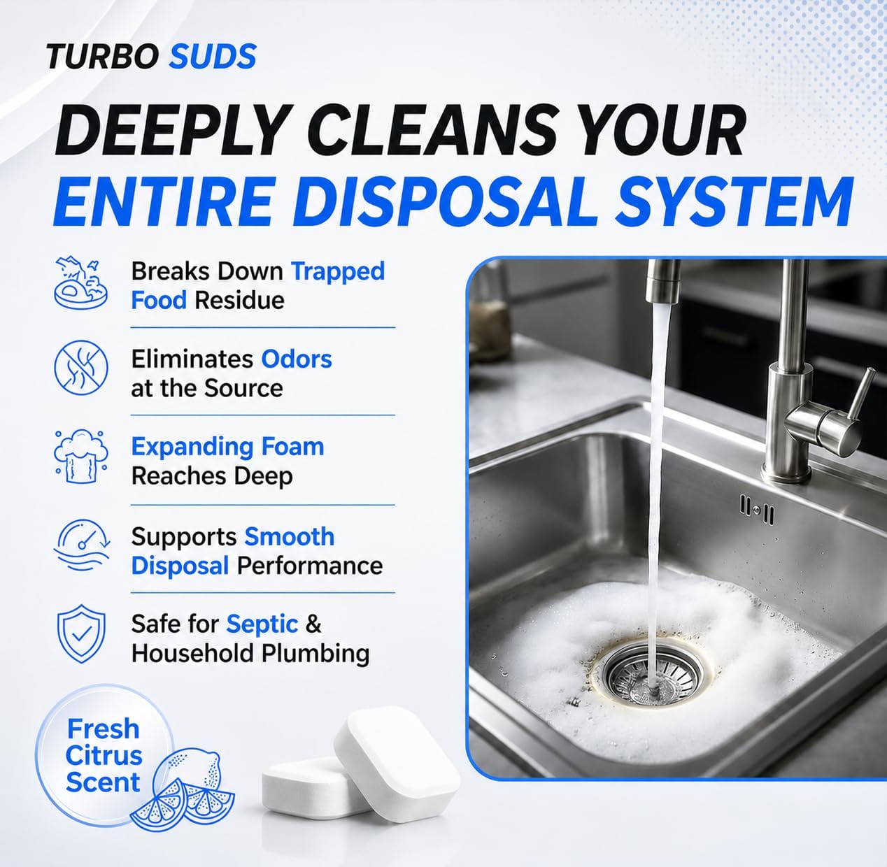 Garbage Disposal Cleaner Deodorizer Tablets – Heavy Duty XL Foaming Tablet for Kitchen Sink Drains and Disposals – Natural Sink and Disposal Cleaning Tablet – 12 XL Tablets, One Year Supply