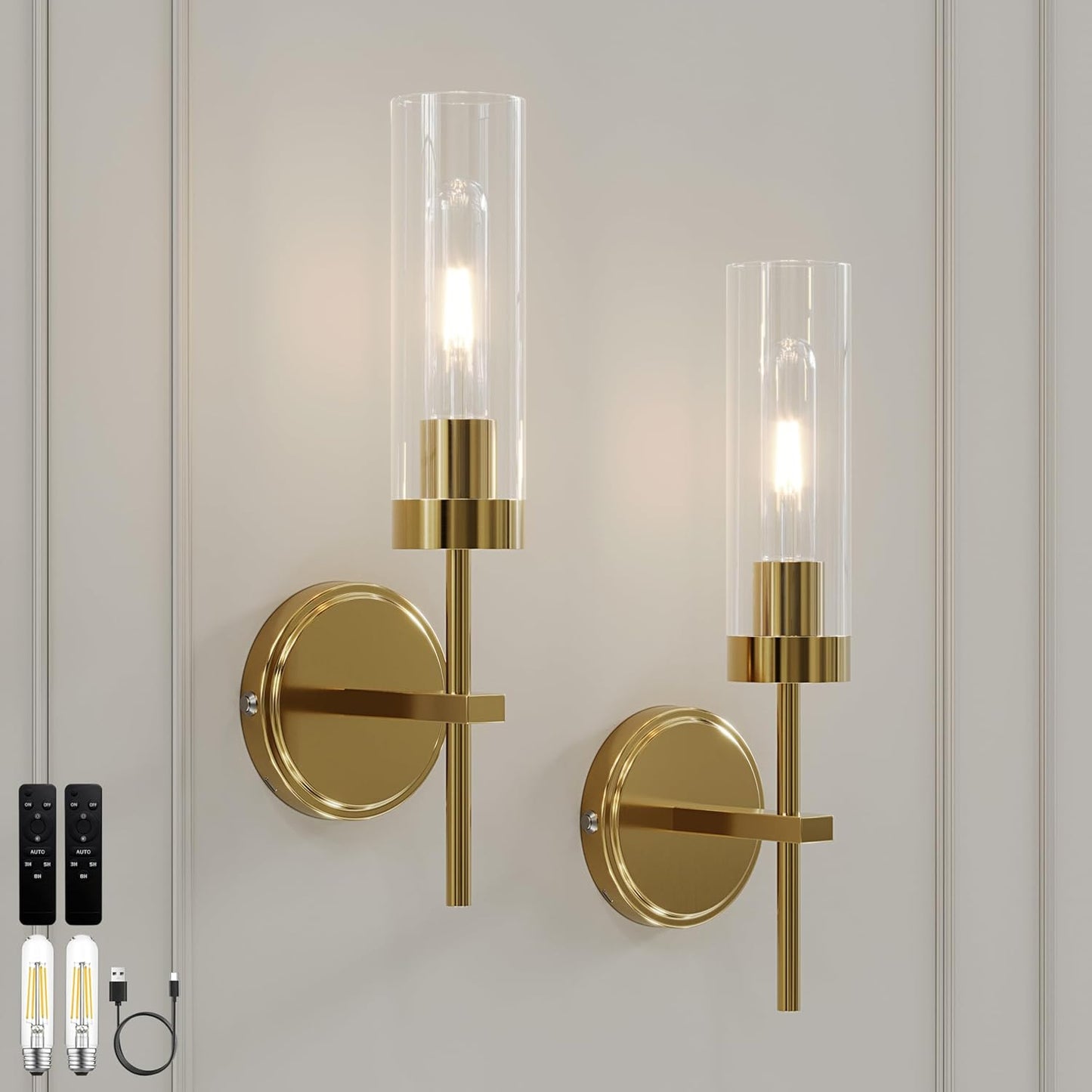 Gold Battery Operated Wall Sconce Set of 2, Wireless Wall Sconces with Remote Control, Rechargeable 3000K Dimmable Wall Light for Bedroom Living Room Bathroom Hallway Entryway Stairwell