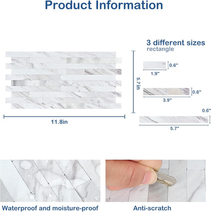 Midcard 20 Sheet Peel and Stick Backsplash, White Marble PVC Wall Tile for Kitchen Backsplash