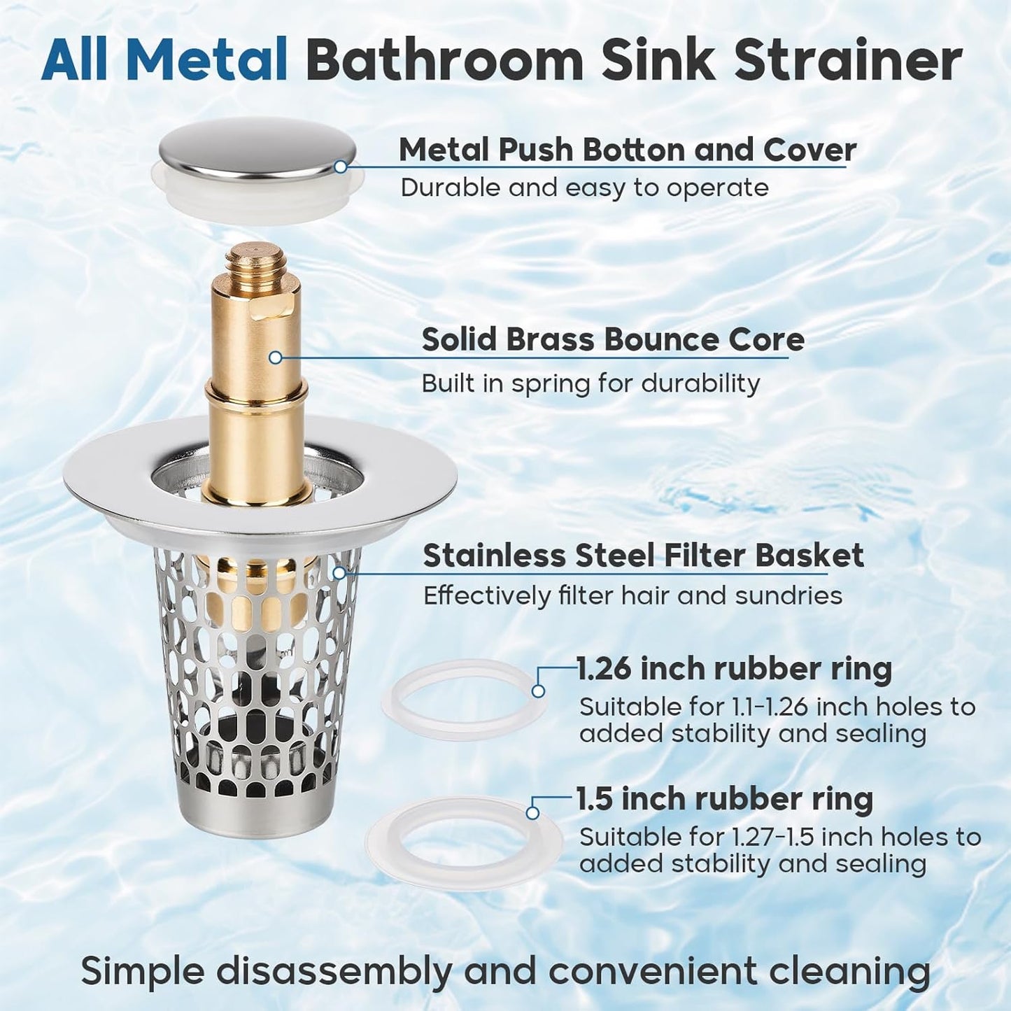 Bathroom Sink Drain Strainer, Adoric 2 Pack Universal Pop-Up Sink Stopper Hair Catcher, Anti-Clog Stainless Steel Drain Filter Basket, Removable Sink Drain for Bathroom Sink Stopper