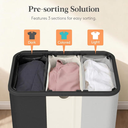 Lifewit 185L 3 Section Laundry Hamper with Lid, Large Laundry Basket with Handles and Removable Bags, Tall Clothes Hamper, Foldable Laundry Sorter for Bedroom Bathroom, Beige