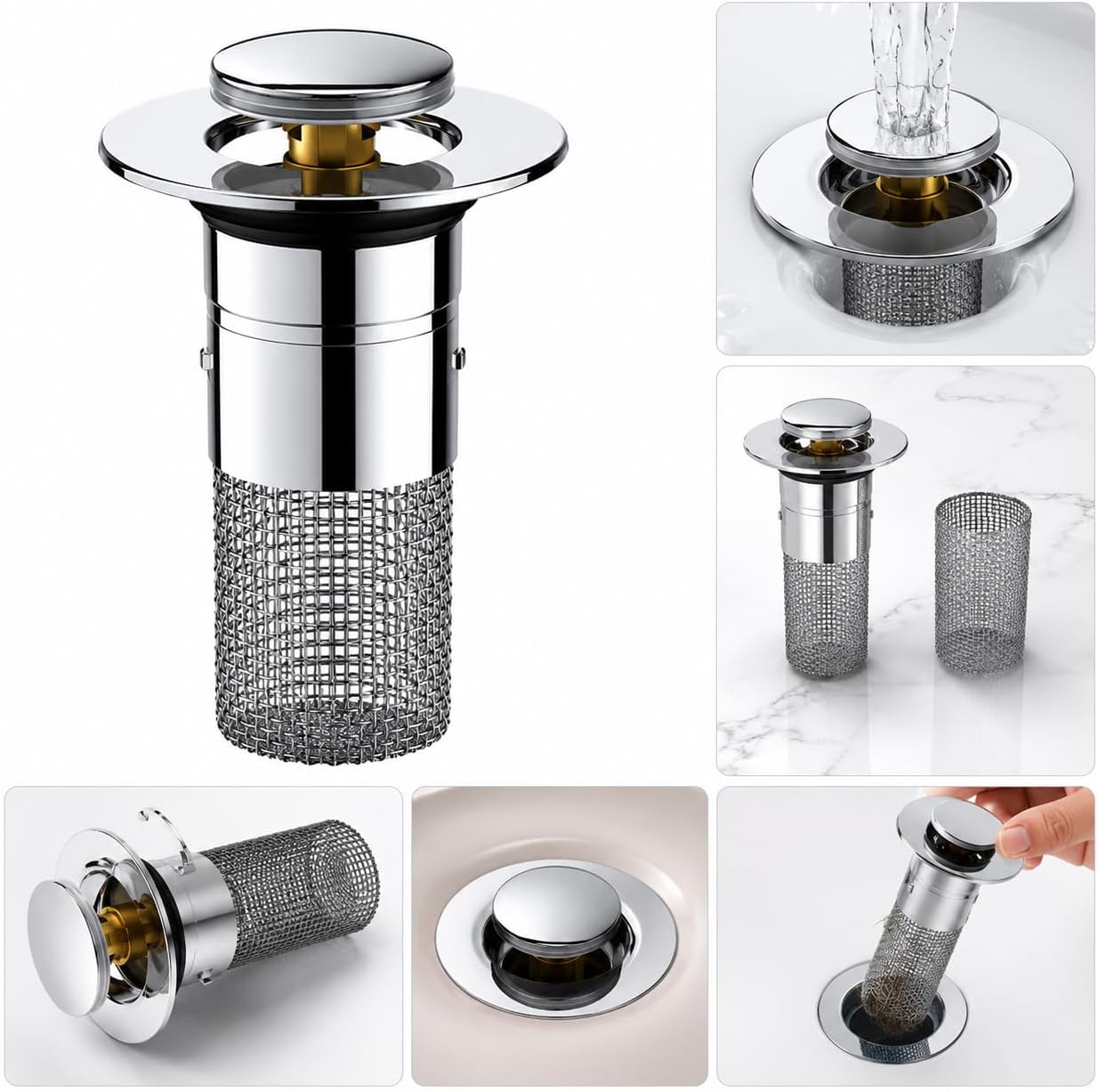Stainless Steel Sink Drain Strainer Basket, Fine Mesh Kitchen Sink Filter with Hair Catcher, Anti-Clog Food Debris Catcher, Removable Basket, 5.9 cm Flange, 3 cm Filter Diameter
