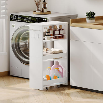 ChooChoo 4-Tier Slim Storage Cart, 7.87 inches Wide Narrow Storage Cabinet with 360° Wheels and 2 Hooks, Space-Saving Organizer for Kitchen, Narrow Places, Dining Room, Walnut+White