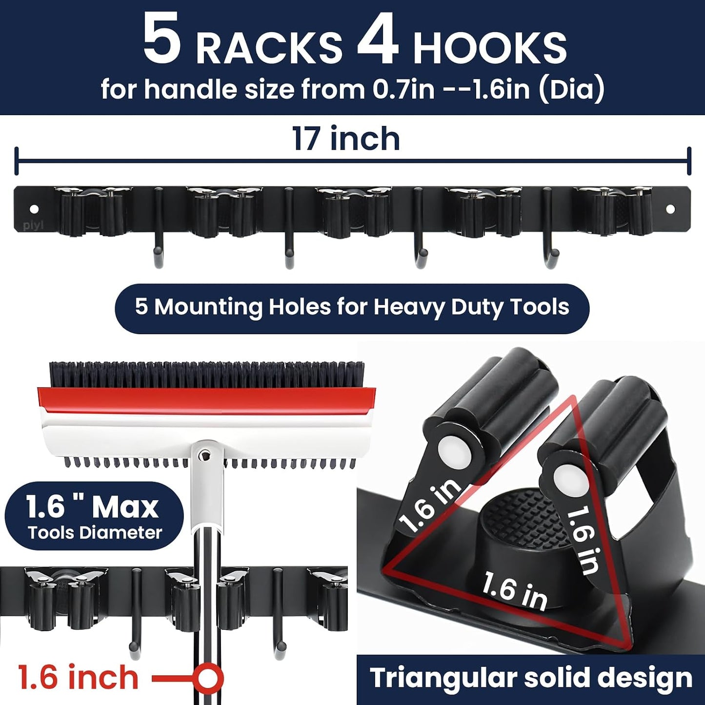 Broom Mop Holder Wall Mount Broom Hanger Wall Mounted Metal Organization Garage Storage Garden Kitchen Tool Organizer With 4 Racks and 5 Hooks (Silver, 1 Pack 3R4H)…