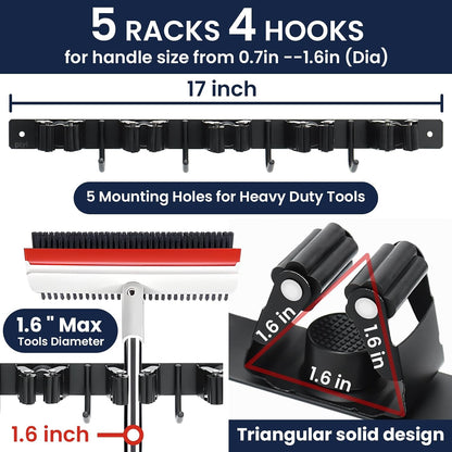 Broom Mop Holder Wall Mount Broom Hanger Wall Mounted Metal Organization Garage Storage Garden Kitchen Tool Organizer With 4 Racks and 5 Hooks (Silver, 1 Pack 3R4H)…