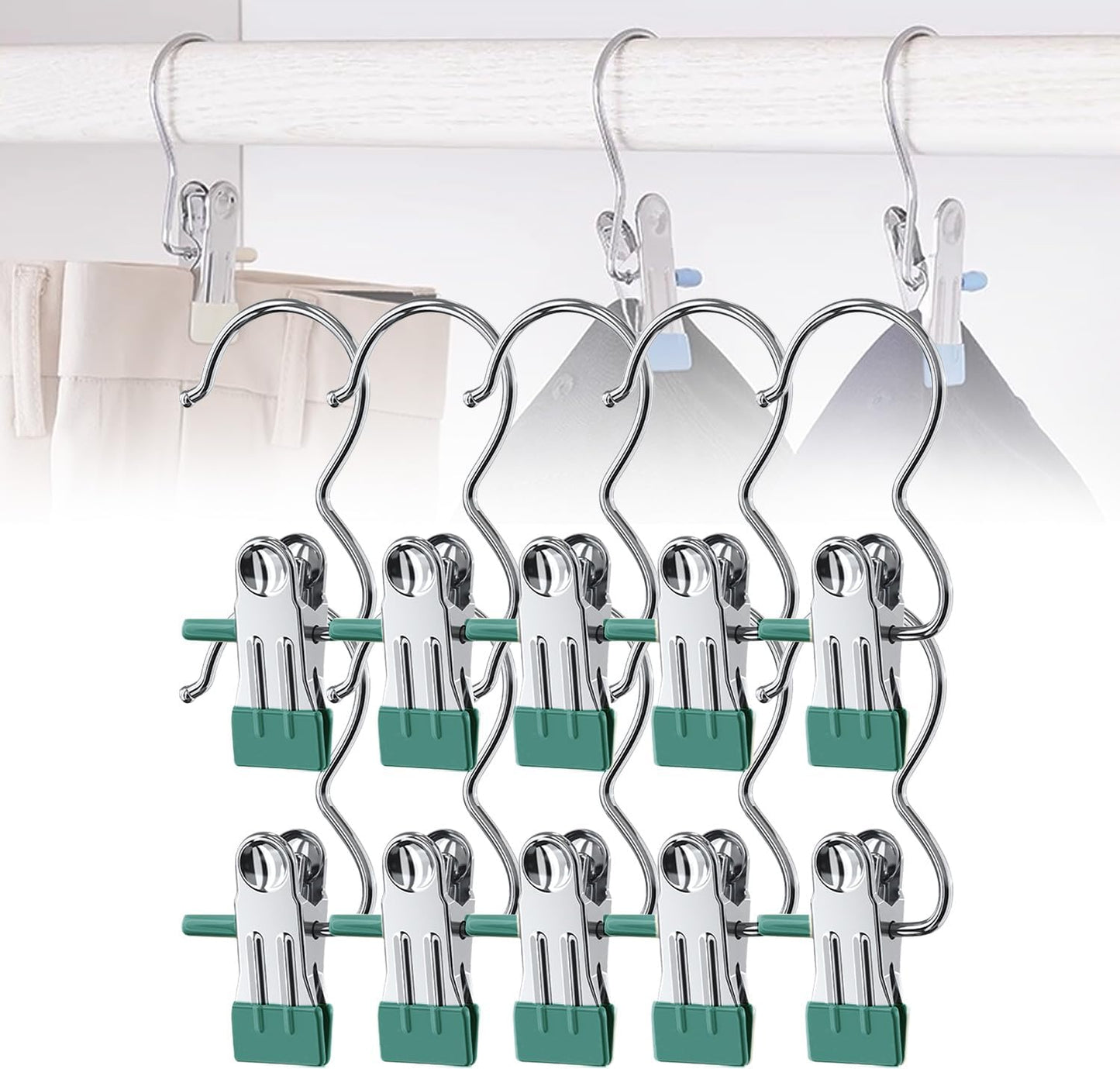 Space-Saving Clothespin Hat Pants Storage Hanging Travel Hook, Stainless Steel Boot Hangers Clips Boot Hangers for Closet, Laundry Hooks Hanging Clips Clothes Pins Socks Towel Clips (Black, 10Pcs)