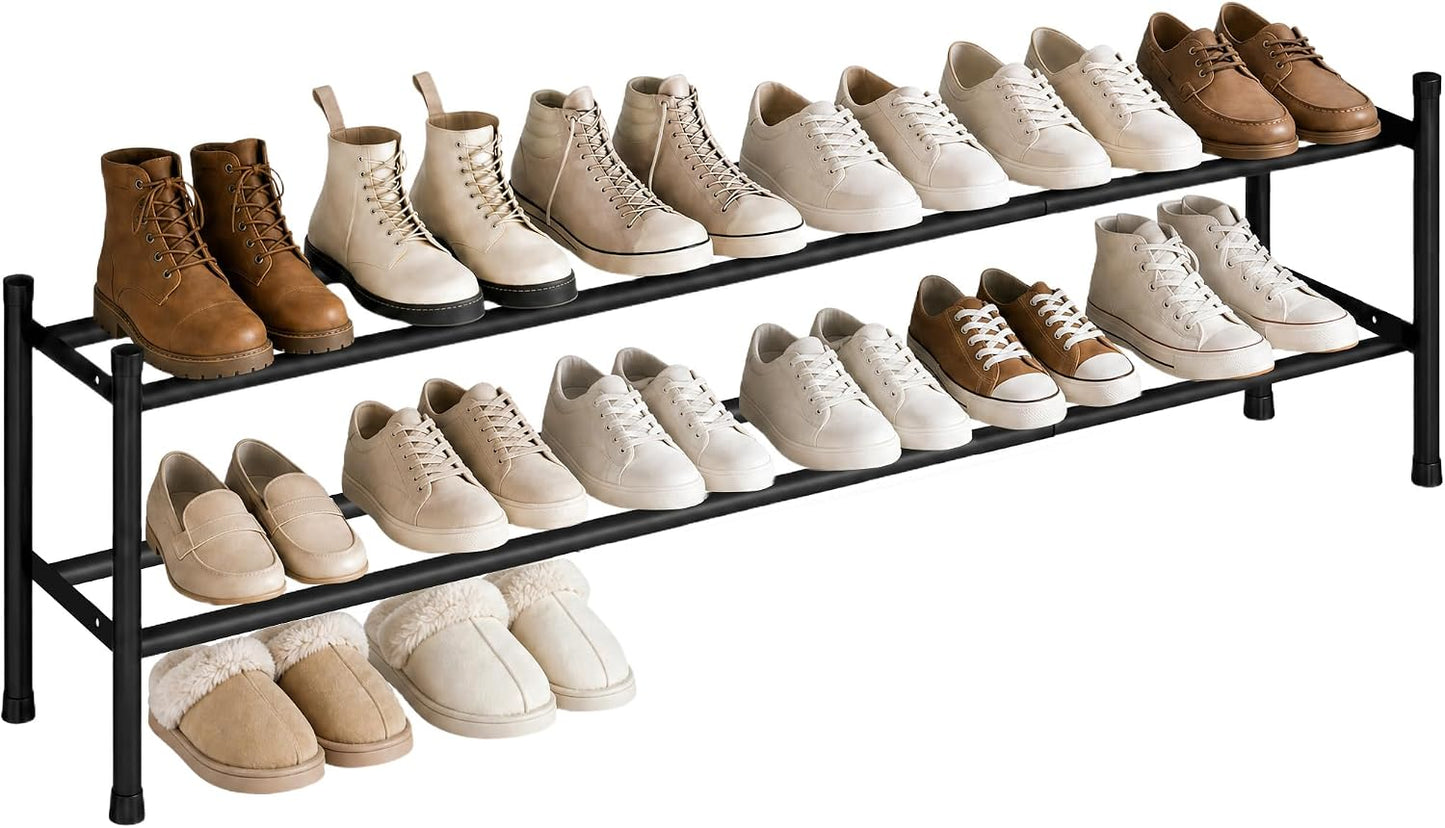 STORAGE MANIAC Long Expandable Shoe Rack, 18 Pairs Metal Wide Stackable Shoe Rack, Adjustable Shoes Shelf, Freestanding Shoes Organizer for Closet, Entryway, Hallway, Garage, Front Door, 3 Tiers