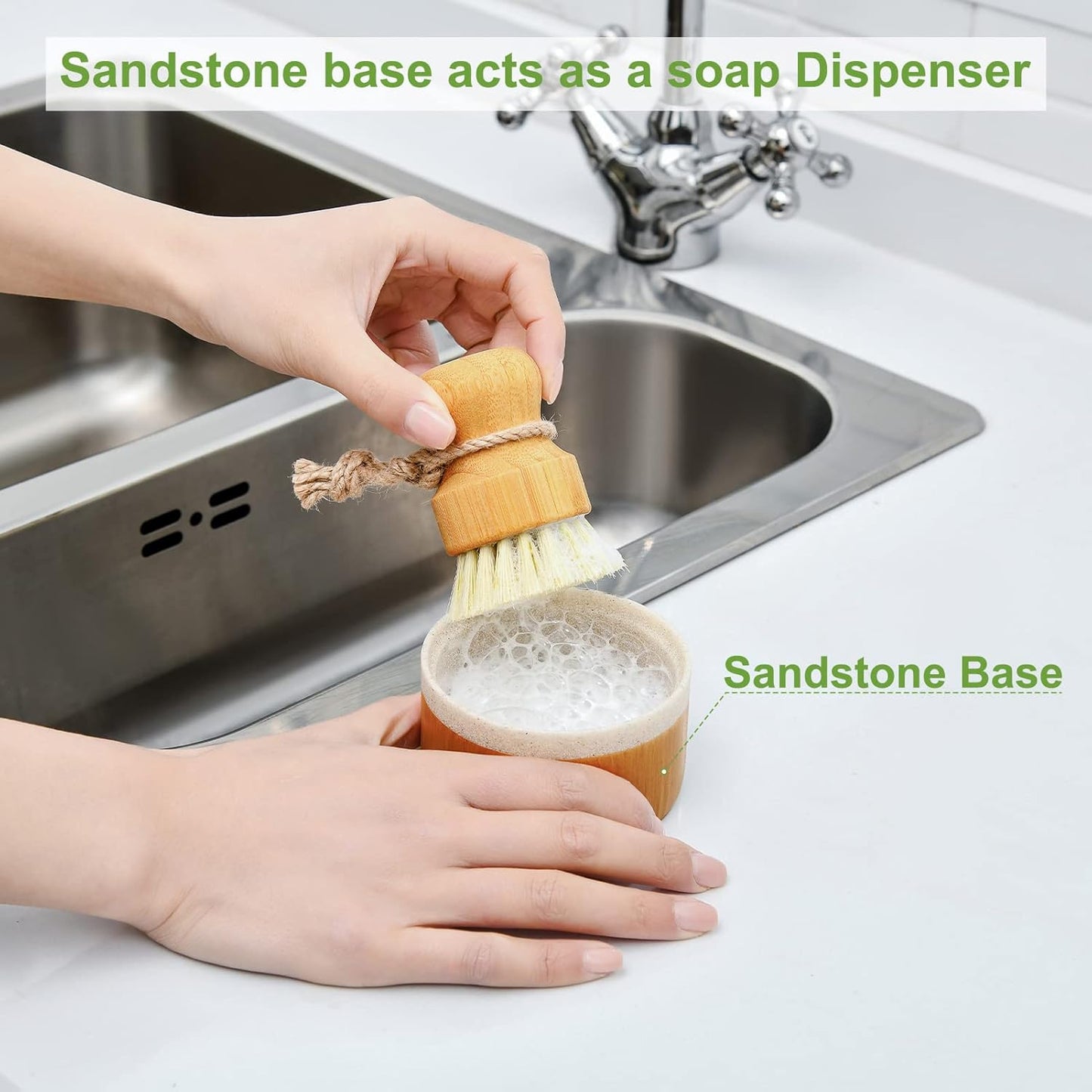 Bamboo Dish Scrub Brushes,Kitchen Wooden Cleaning Scrubbers Set for Washing Cast Iron Pan/Pot, Natural Sisal Bristles, Set of 3