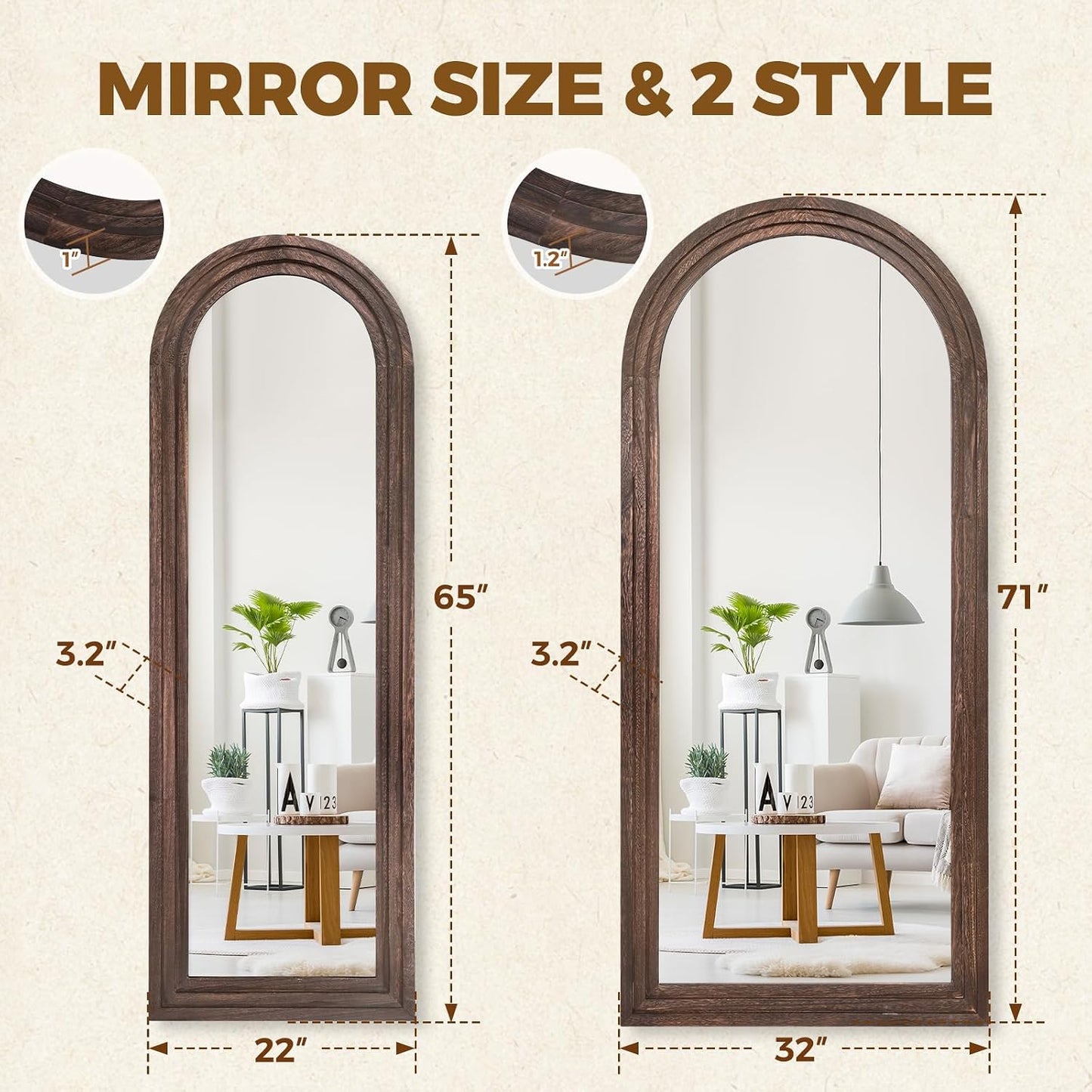 Solid Wood Full Length Mirror - 65"x22" Arched Floor Mirror, Free Standing & Wall Mounted - Elegant Design for Bedroom, Dressing Room, Hallway, Brown