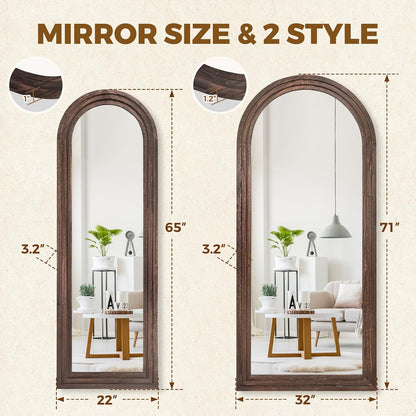 Solid Wood Full Length Mirror - 65"x22" Arched Floor Mirror, Free Standing & Wall Mounted - Elegant Design for Bedroom, Dressing Room, Hallway, Brown