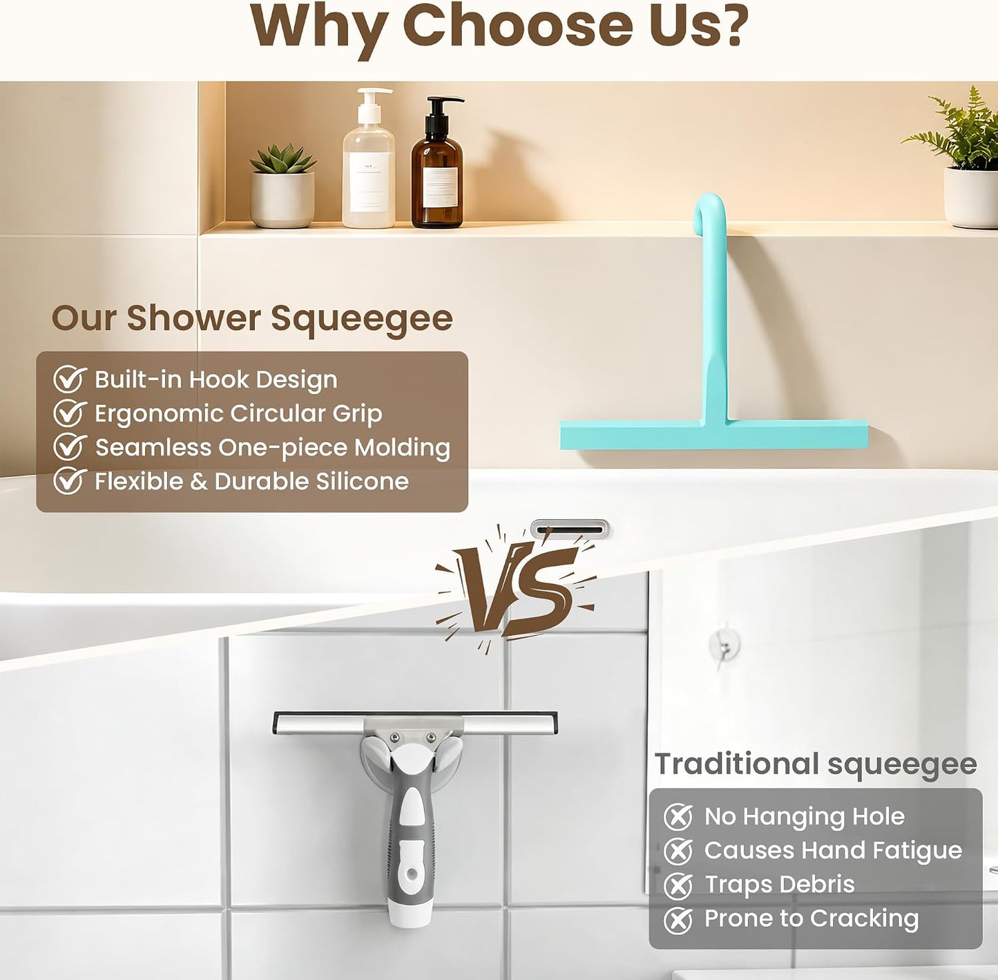 Shower Squeegee for Glass Doors - 10 Inch Bathroom Squeegee with Ergonomic Round Grip, Built-in Hook, Streak-Free No-Squeak Silicone Blade for Shower Glass, Tile Walls, Mirrors & Windows, Black
