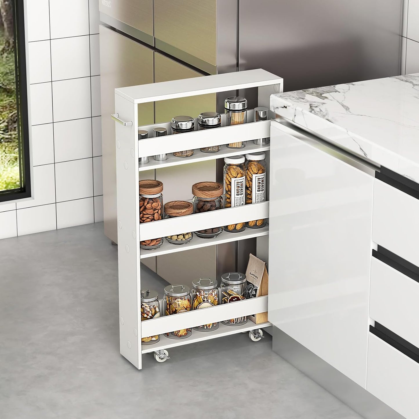 COSTWAY Slim Rolling Storage Cart, 4-Tier Rolling Utility Cart, Wood Kitchen Storage Cart with Handle & Wheels, Narrow Rolling Shelving Unit for Kitchen Bathroom Laundry Small Places (Plain White)