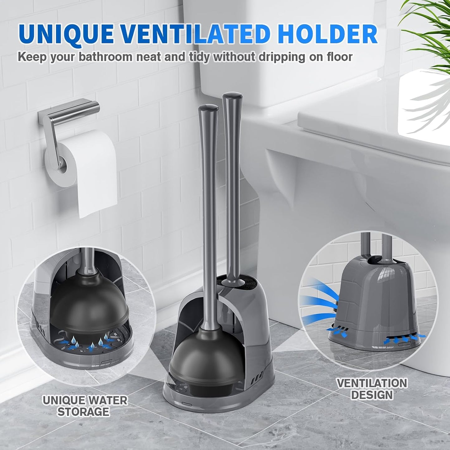 LOVLOY Toilet Plunger and Brush, Bowl Brush and Heavy Duty Toilet Plunger Set with Ventilated Holder, 2-in-1 Toilet Brush and Plunger Combo for 5.3-inch Toilet Drain Bathroom Cleaning (Black)
