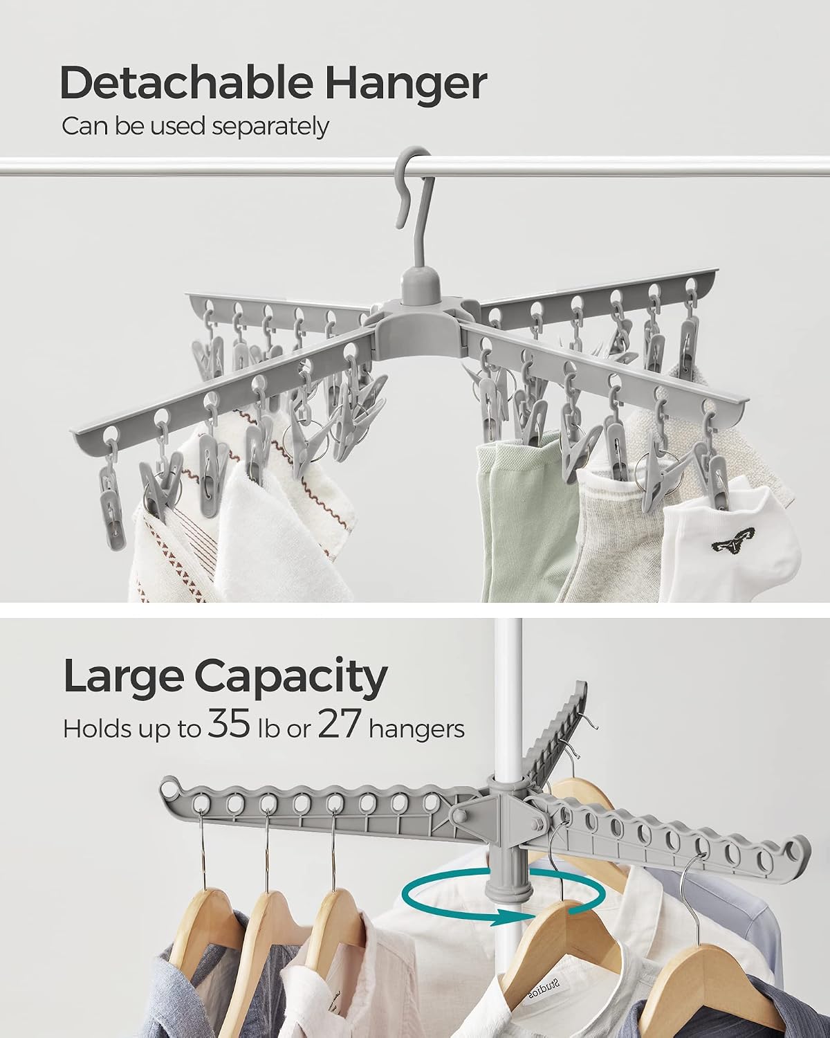 SONGMICS 2-Tier Clothes Drying Rack, 72-Inch Folding Laundry Drying Rack with 3 Rotatable Arms for Hangers, 24 Clips, Stainless Steel, for 27 Pieces of Clothes, Blue and Silver ULLR512Q01