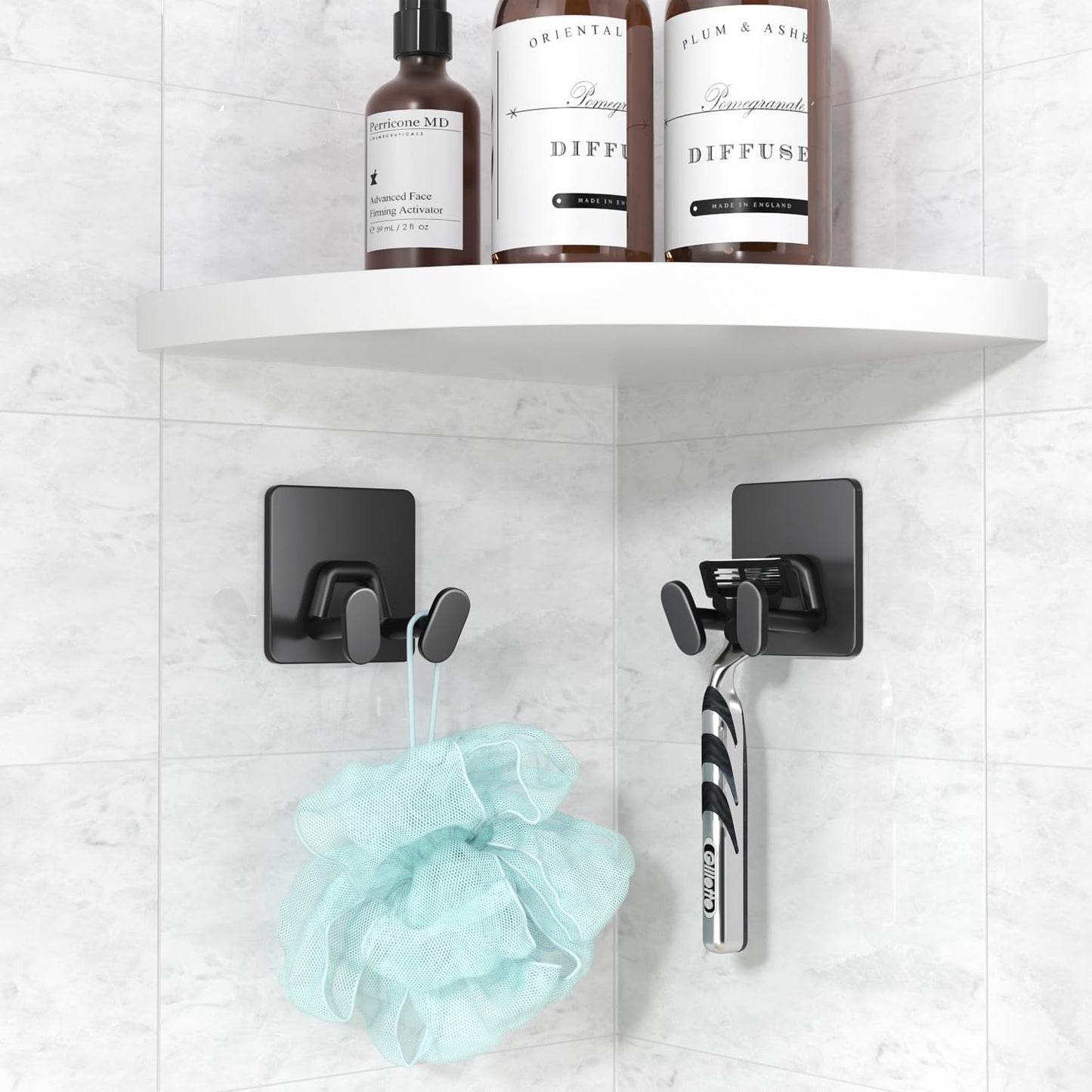 susswiff Shower Hooks for Inside Shower - Extra Sticky Stainless, Razor Holder Accessories, Wall Mounted Self-Adhesive Double Hooks for Razor, Loofah, Towel, Shaver, Coat, Key, Silver 6 Pack