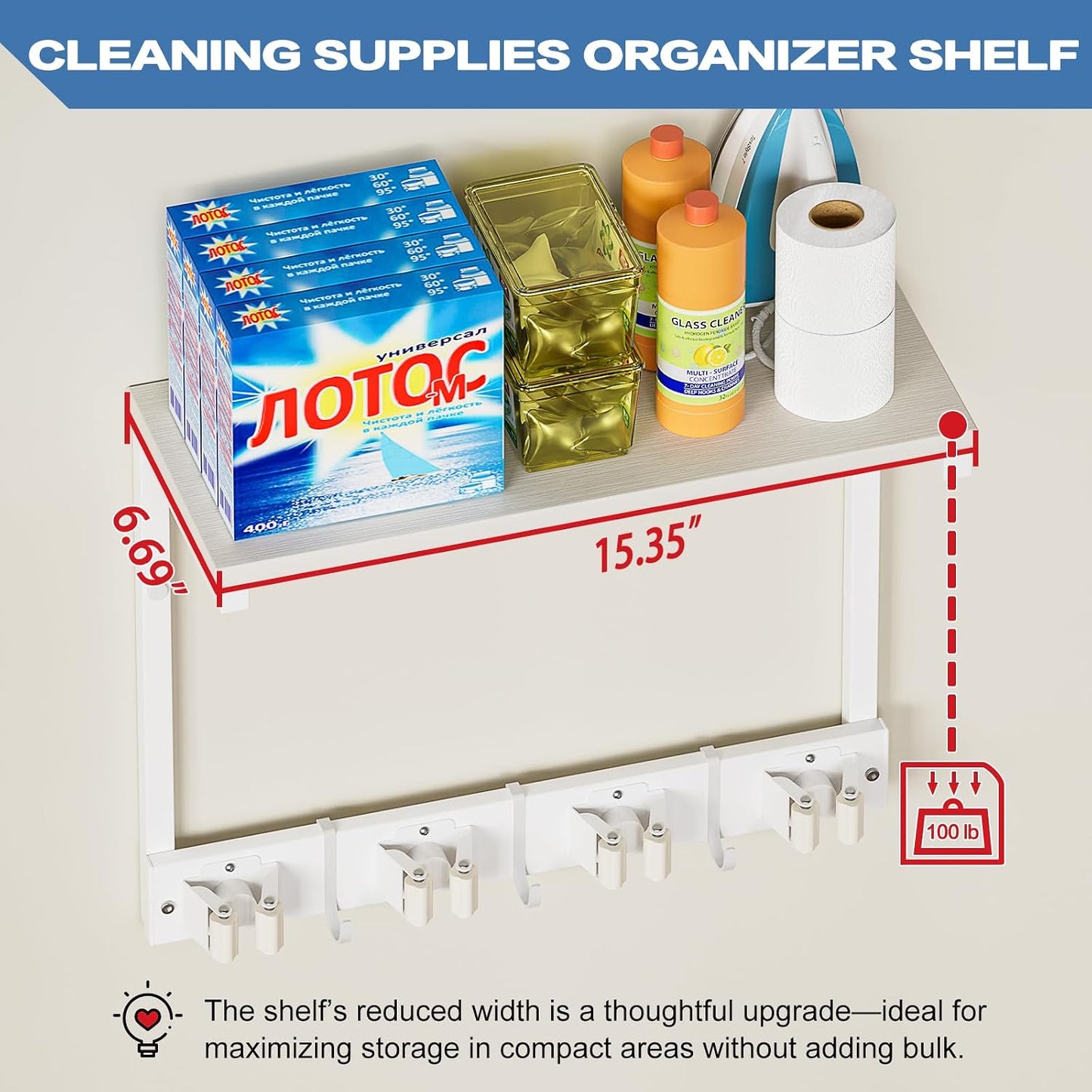 Broom Holder Wall Mount with Cleaning Supplies Organizer, Laundry Room Organization and Storage Shelf with Mop Hanger Rack Gripper Hooks, Utility Shelf Closet Organizer Floating Shelves for Garage