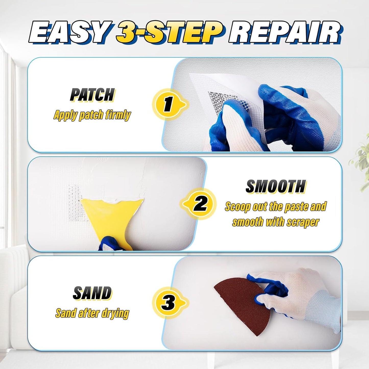 DIYSELF 9 Pack Drywall Repair Kit, Surface Repair Kit, Spackle Wall Repair, 2×100g (7oz Total) Putty, White Drywall Mud, Plaster for Holes, Cracks, Gaps, Fast-Drying Hole Filler with Scraper, Sander