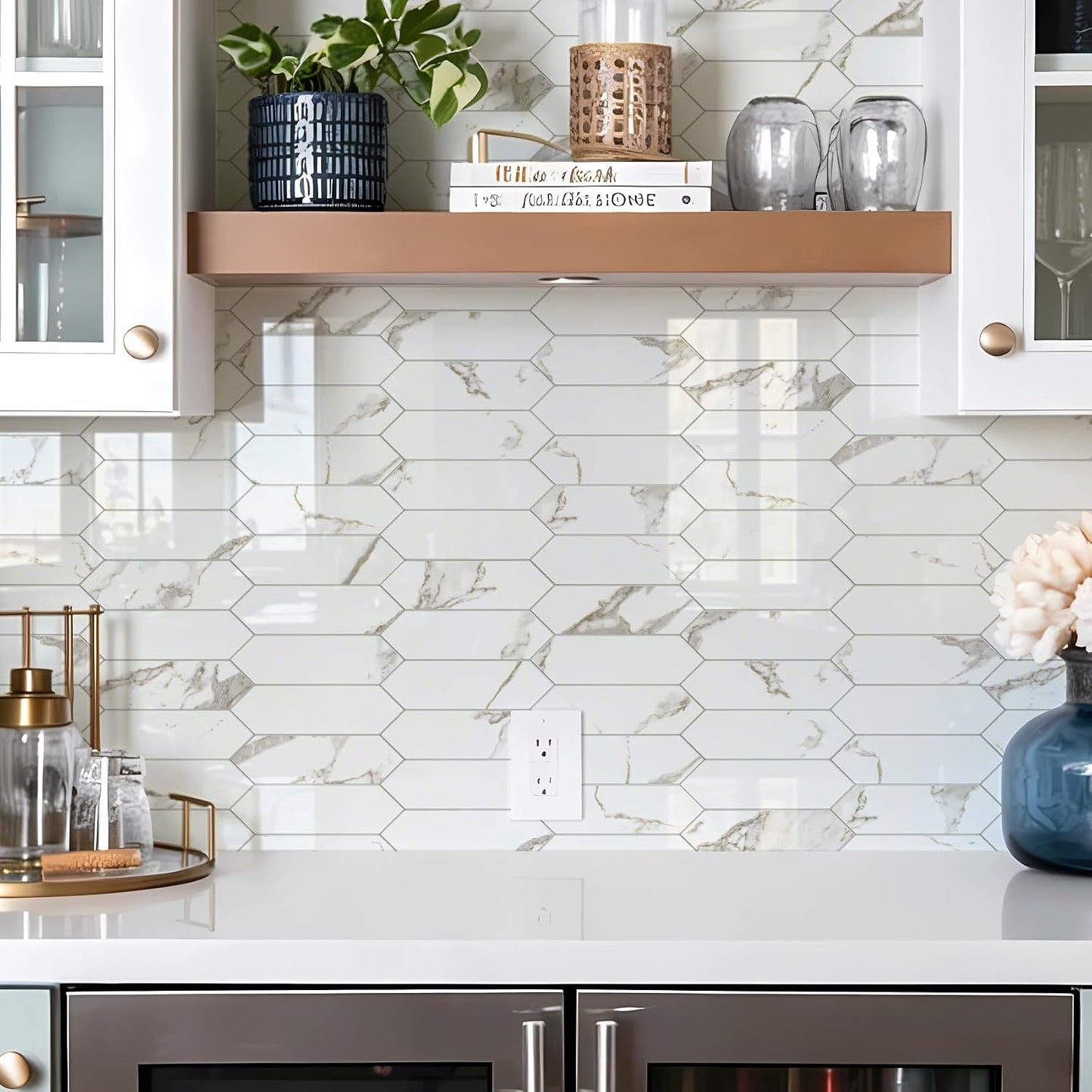 Vamos Tile Glossy Dolomite White Backsplash Tile Peel and Stick, 12.8 x 12.8 Inch 10 Sheets Long Hexagon PVC Self Adhesive Mosaic Wall Tiles Stick on Backsplash for Kitchen and Bathroom