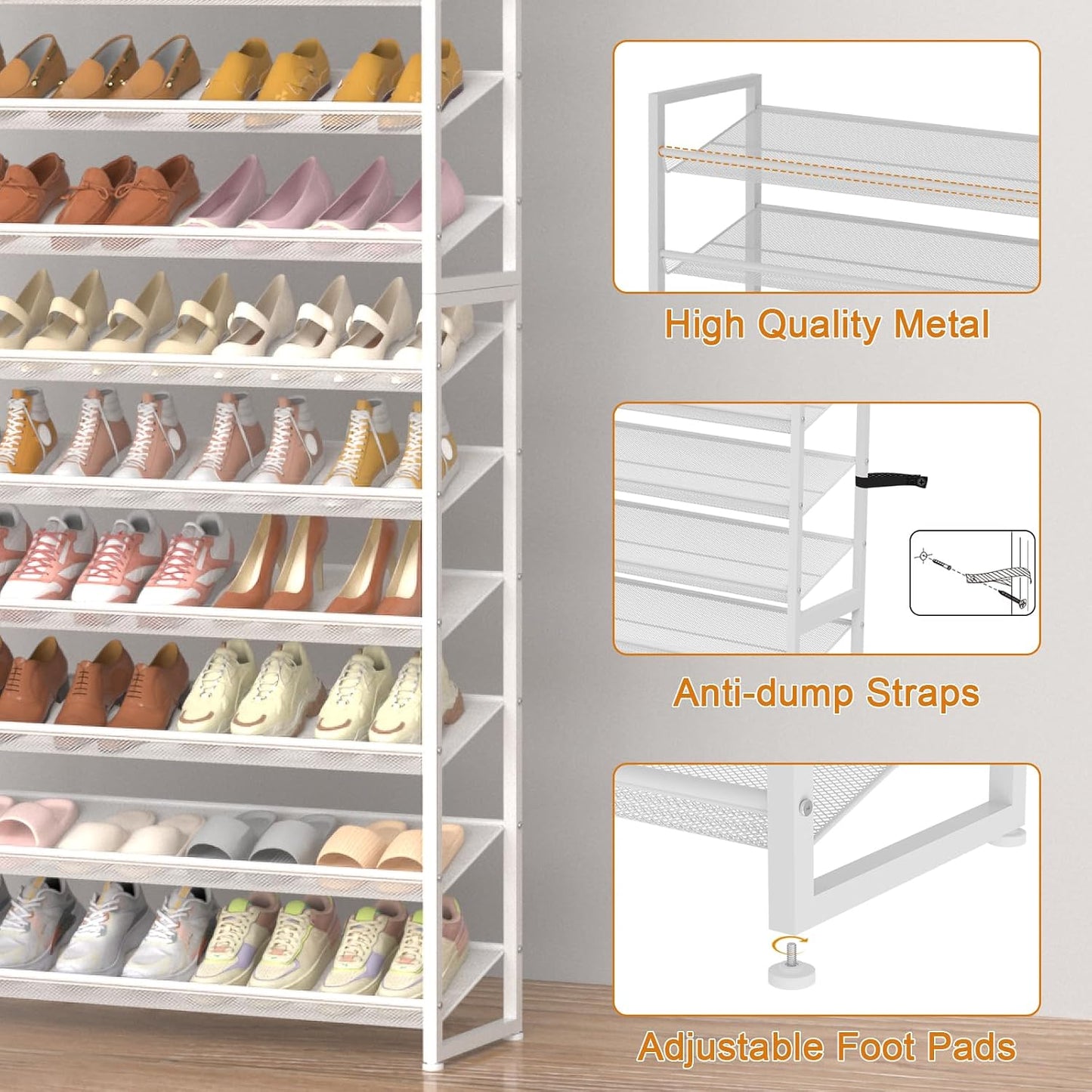 Large Shoe Rack 8 Tier Shoe Organizer, Heavy Duty Metal 4-Tier Stackable Shoe Storage Vertical Shoe Rack for Closet Front Door Entrance, Up to 50 Pairs, 44.8" W x 11.4" D x 56.7" H, Black