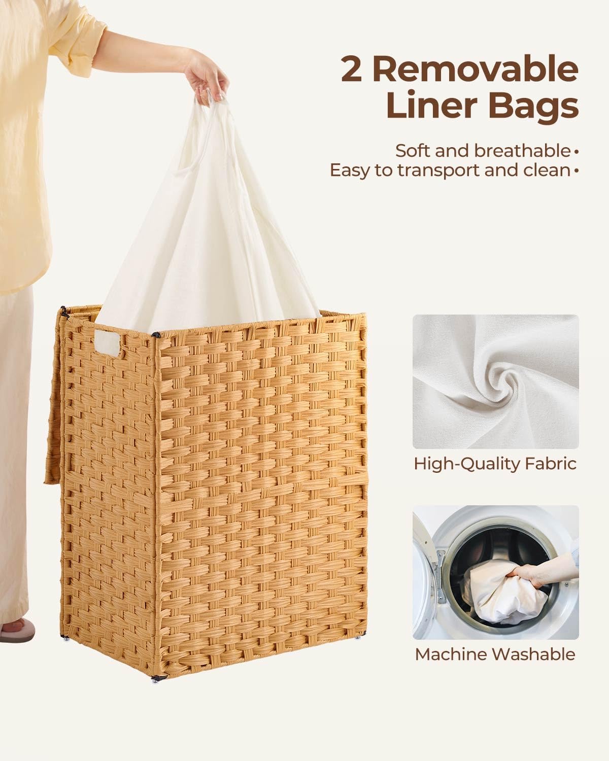Greenstell Laundry Hamper with 2 Removable Liner Bags, Foldable Divided Clothes Hamper, 90L Handwoven Rattan Laundry Basket with Lid and Handles, No Assembly Needed, 18.3x13.3x24 Inches, Black