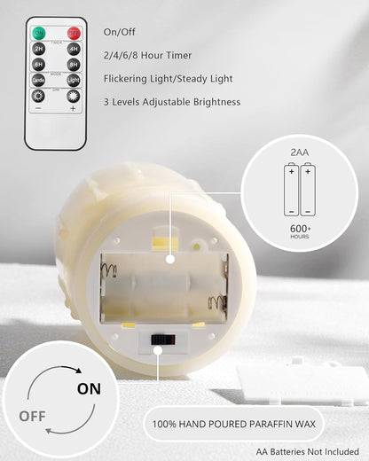 White Flameless Candles with Remote and Timer, Real Wax Made Wax Drip LED Pillar Candles Battery Operated with 3D Flickering Flame Melted Top - 3" x 4",5",6" - Set of 3