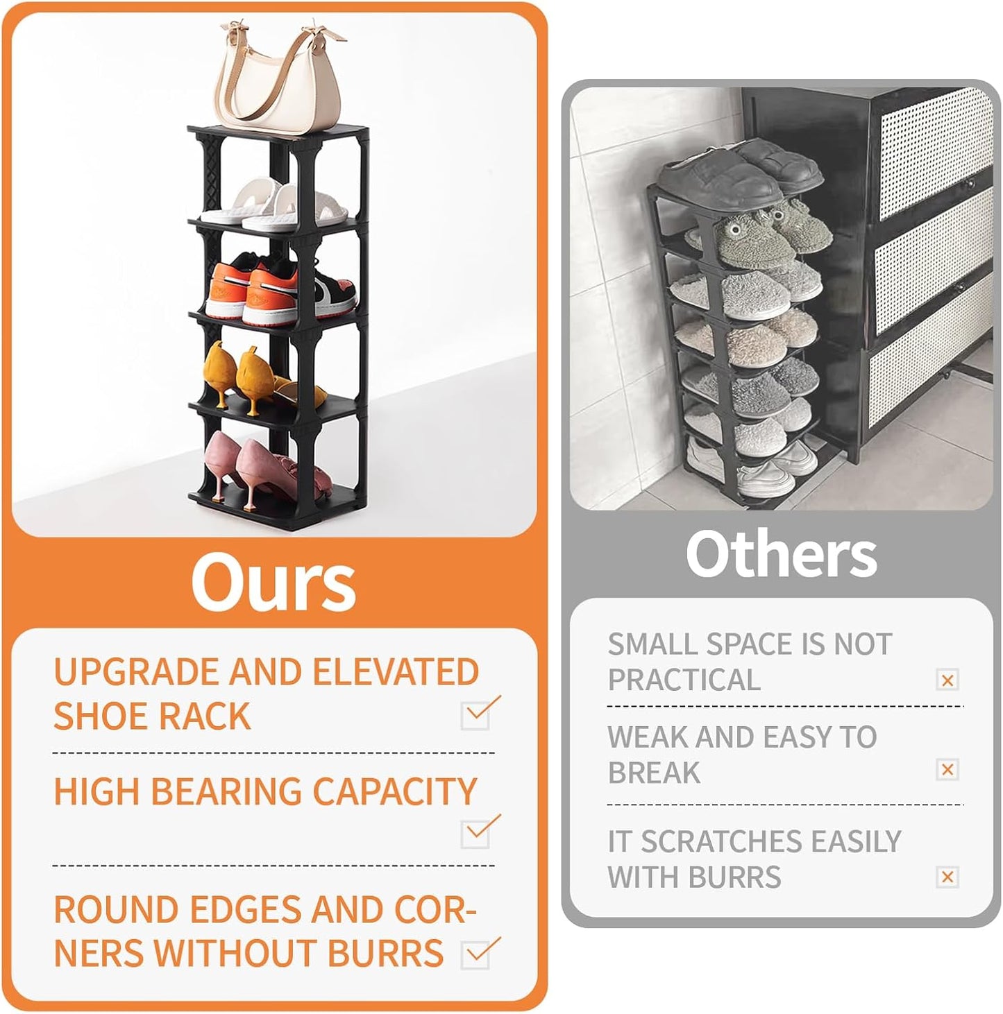 5 Tiers Vertical Shoe Rack, Narrow Free Standing Shoe Storage Organizer for Entryway and Small Closet, Stackable Shoe Holder Shelf Stability DIY, Black