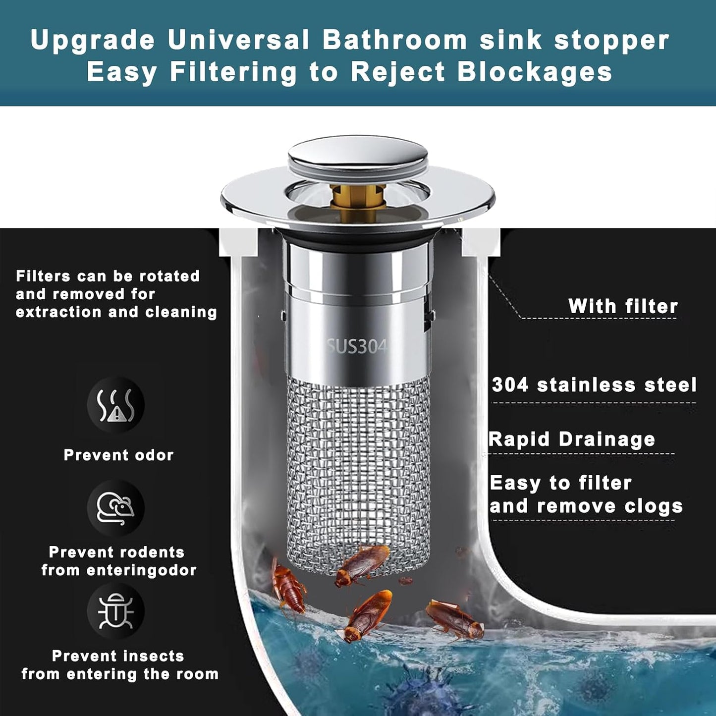 Bathroom Sink Stopper 2Pcs,Sink Drain Strainer,Hair Catcher with Removable Stainless Steel Filter Basket,Universal Sink Plug,Suitable for Most Sinks,Washbasin,Bathtubs