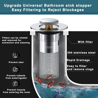 Bathroom Sink Stopper 2Pcs,Sink Drain Strainer,Hair Catcher with Removable Stainless Steel Filter Basket,Universal Sink Plug,Suitable for Most Sinks,Washbasin,Bathtubs