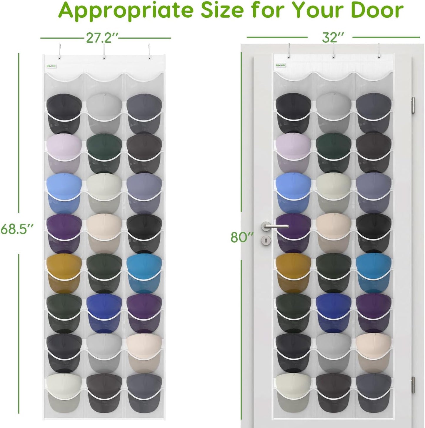 Baseball Hat Rack, 24 Pocket Over-The-Door Hat Organizer with Clear Deep Pockets to Display Baseball Caps Collection, Complete with 3 Over Door Hooks (Black, 24 Pockets)