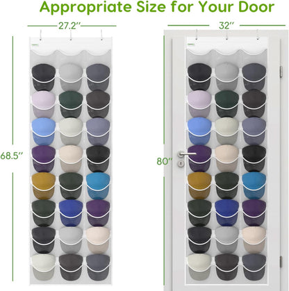 Baseball Hat Rack, 24 Pocket Over-The-Door Hat Organizer with Clear Deep Pockets to Display Baseball Caps Collection, Complete with 3 Over Door Hooks (Black, 24 Pockets)