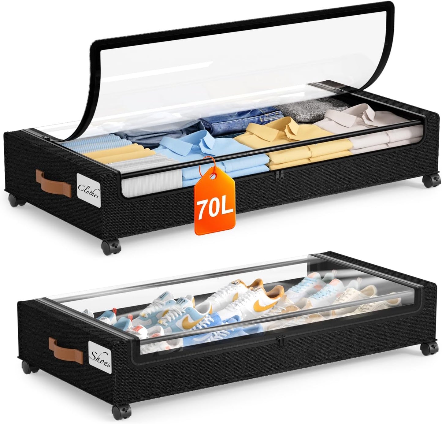 Yecaye Under Bed Storage with Wheels, 2 Pack Under Bed Storage Containers, 60L Underbed Shoe Storage with Clear Window & Label, Rolling Under Bed Metal Drawer for Clothes, Shoes, Books, Blankets