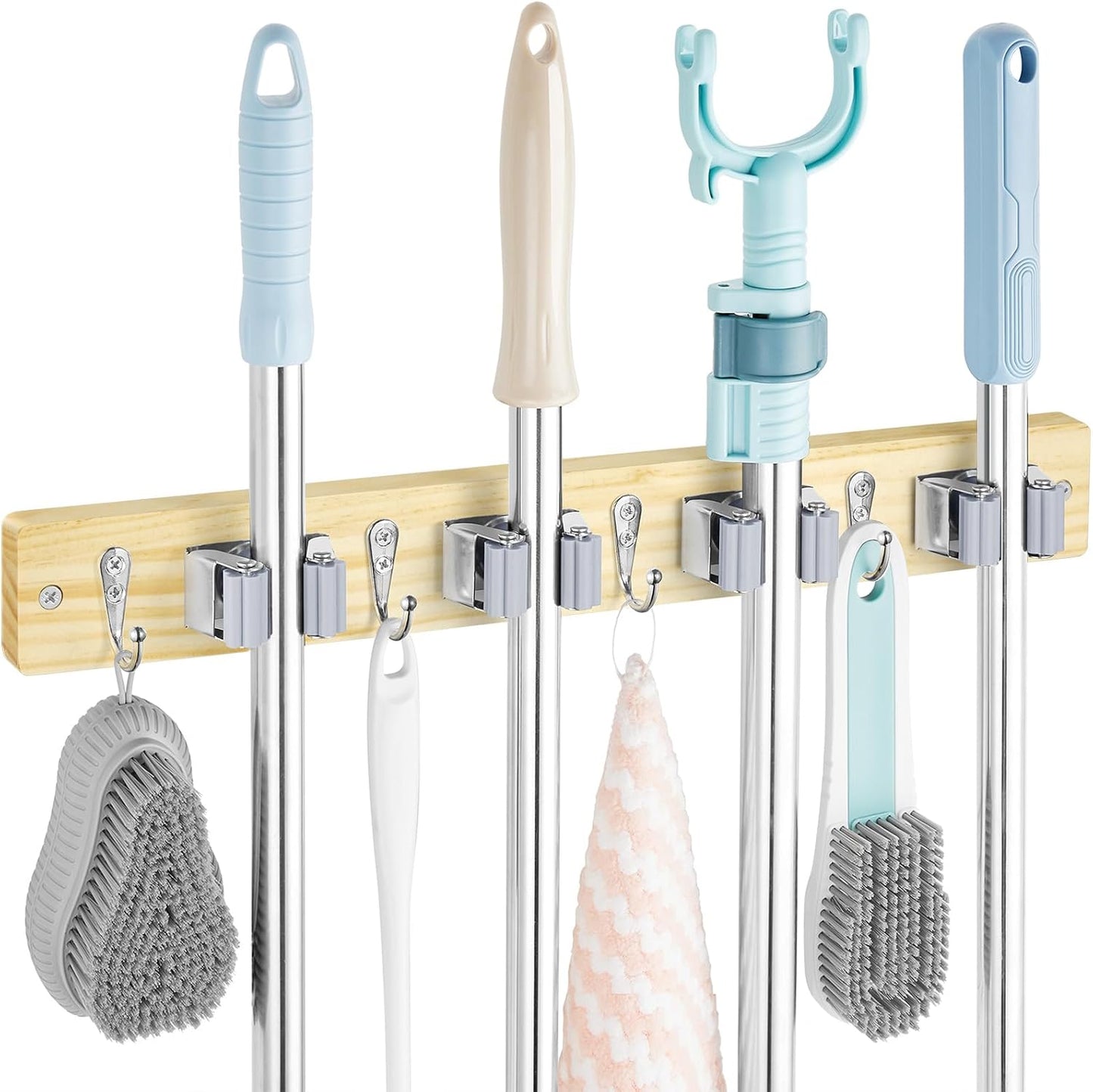 OUTNILI Mop and Broom Holder Wall Mount - Wood Broom Mop Hanger - Wall Mounted Garden Tool Rack Organizer for Closet Garage Laundry Room for Rustic Kitchen Decor With 5 Slots & 4 Hooks