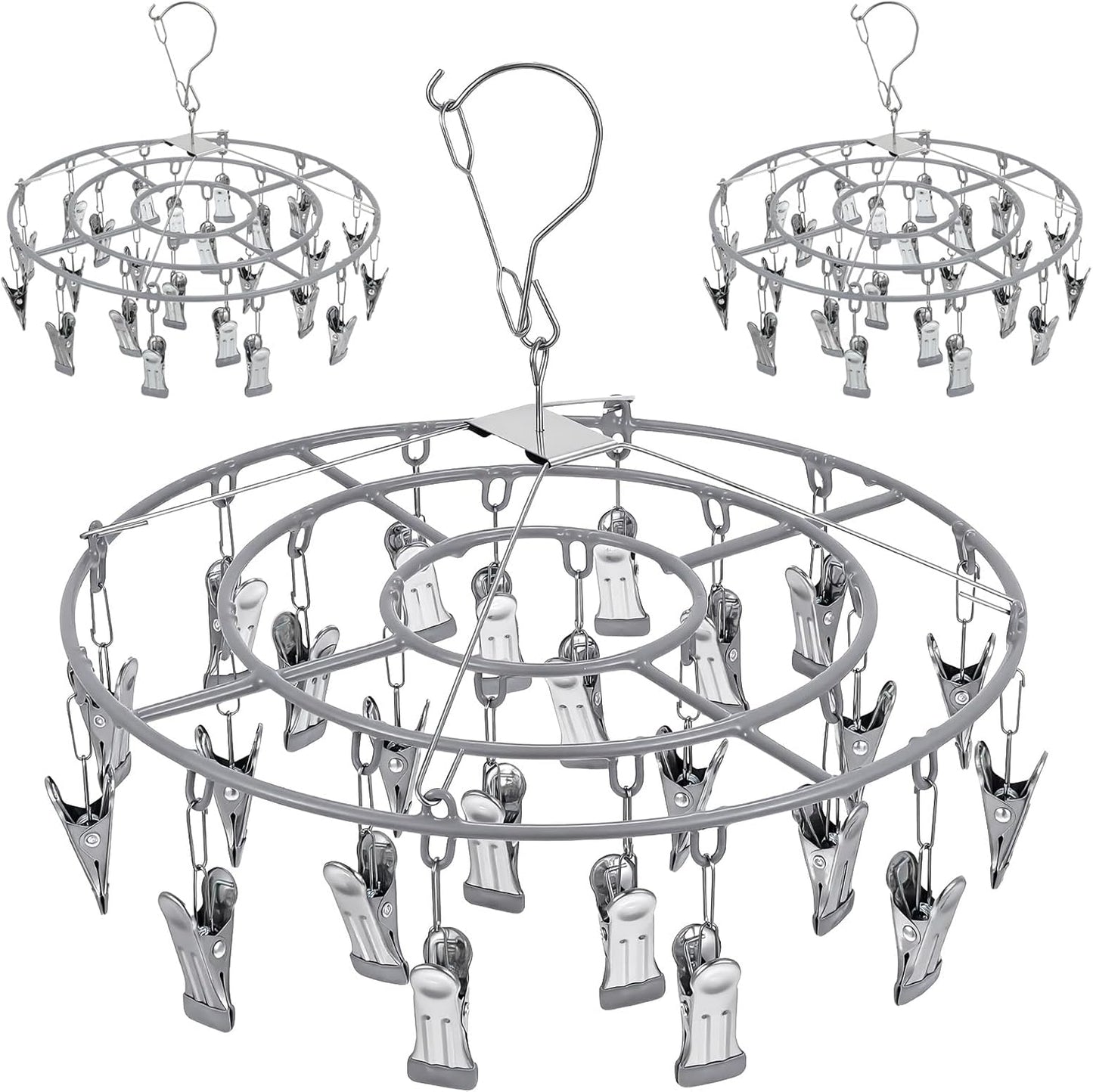 3 Pack Stainless Steel Foldable Round Hanging Drying Rack with 24 Clips, Swivel Hook Wind-Proof Clothes Hanger, Clothes Drying Rack for Laundry, Sock, Bras, Underwear, Laundry Accessories