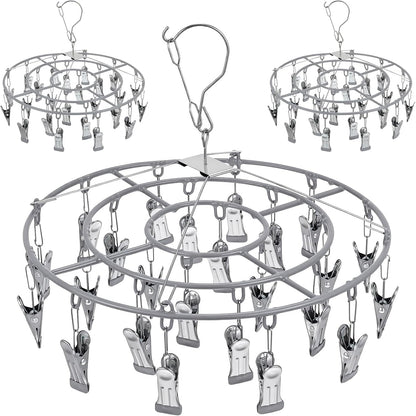3 Pack Stainless Steel Foldable Round Hanging Drying Rack with 24 Clips, Swivel Hook Wind-Proof Clothes Hanger, Clothes Drying Rack for Laundry, Sock, Bras, Underwear, Laundry Accessories