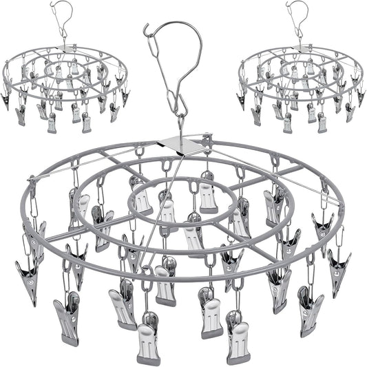 3 Pack Stainless Steel Foldable Round Hanging Drying Rack with 24 Clips, Swivel Hook Wind-Proof Clothes Hanger, Clothes Drying Rack for Laundry, Sock, Bras, Underwear, Laundry Accessories