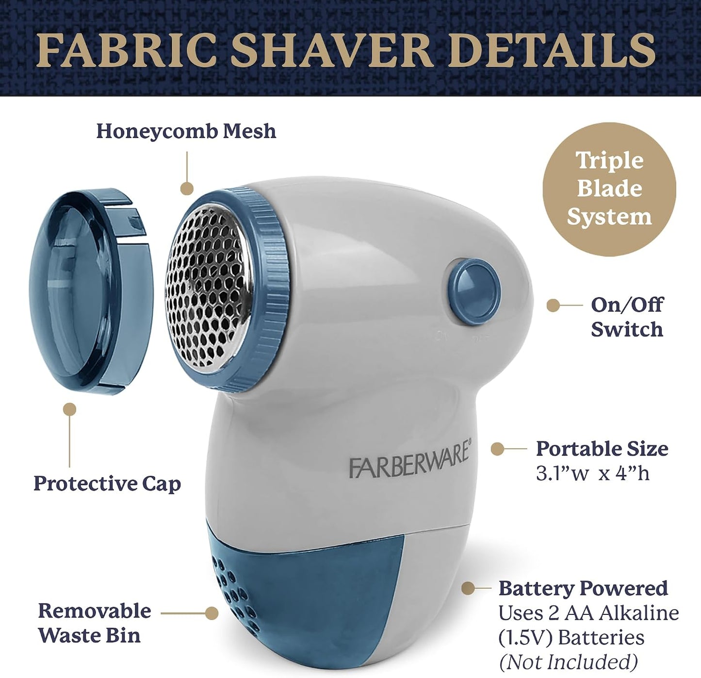 Farberware Fabric Shaver & Lint Remover for Clothes – Battery Operated Lint Shaver with Triple Blades, Sweater Shaver to Remove Pilling for Clothing, Couch, Furniture, Fuzz, Lint Balls