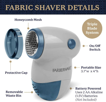 Farberware Fabric Shaver & Lint Remover for Clothes – Battery Operated Lint Shaver with Triple Blades, Sweater Shaver to Remove Pilling for Clothing, Couch, Furniture, Fuzz, Lint Balls